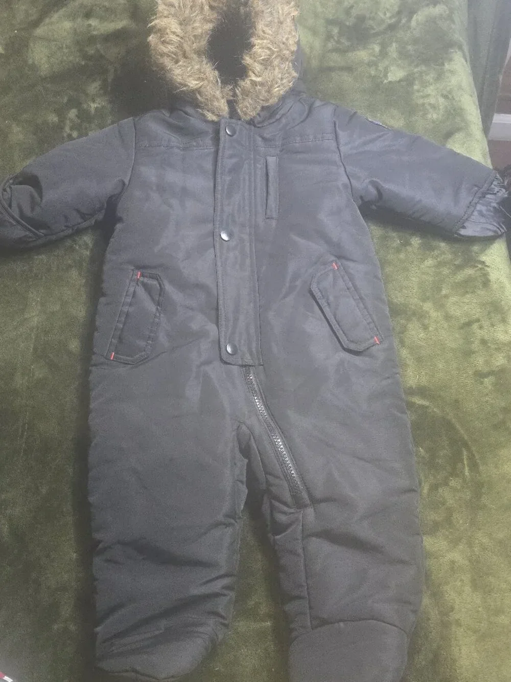Rothschild 1881 Expedition Baby Pram Snowsuit 12M Black Faux Fur Hood Footed
